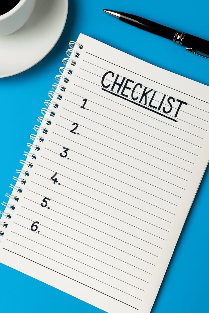 Checklist with a pen symbolizing Brilliance Crew’s 6-step cleaner screening process in San Francisco, including application, interviews, training, and background checks