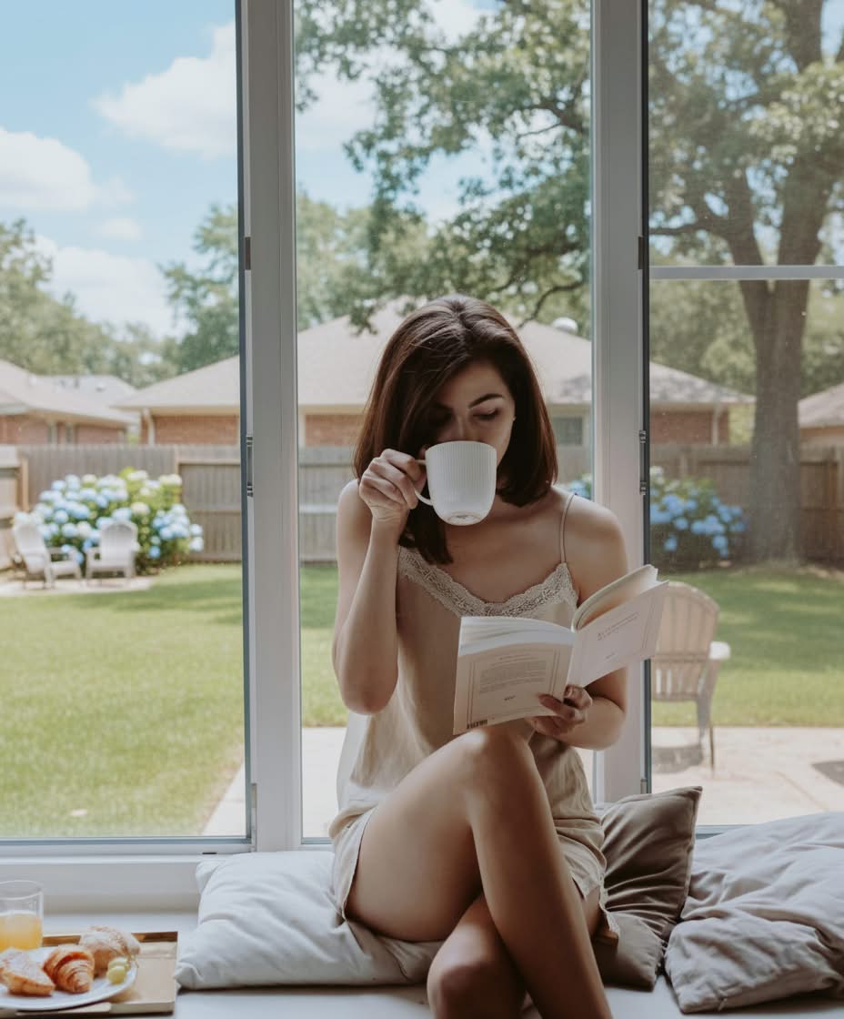 Woman relaxing at home with coffee and book in a clean, fresh space maintained by Brilliance Crew in San Francisco